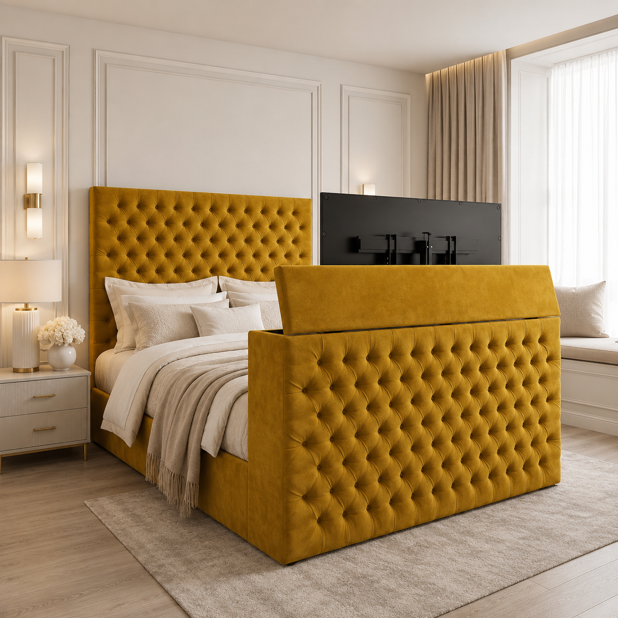 Tufted TV Bed Space-Saving Side or End Lift Storage